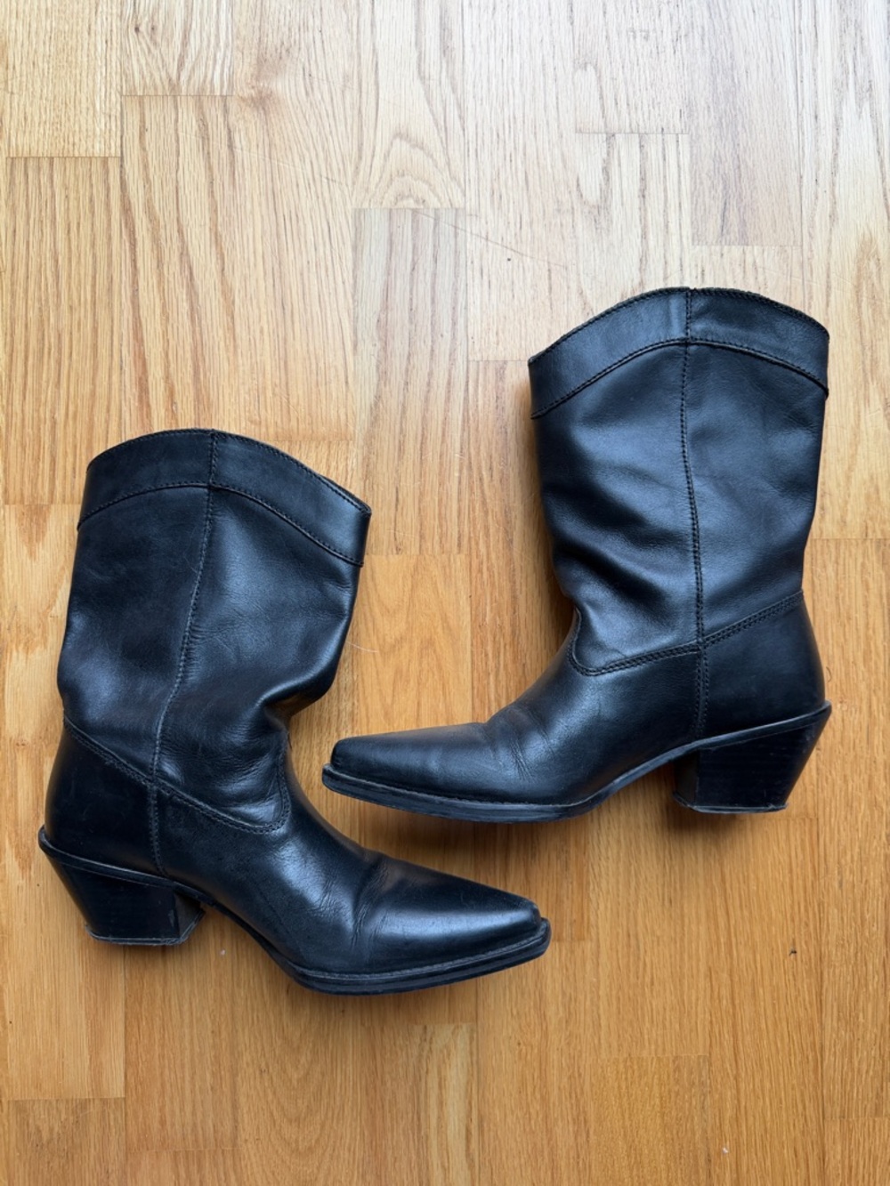 Zara Black Genuine Leather Western Mid-Calf Boots